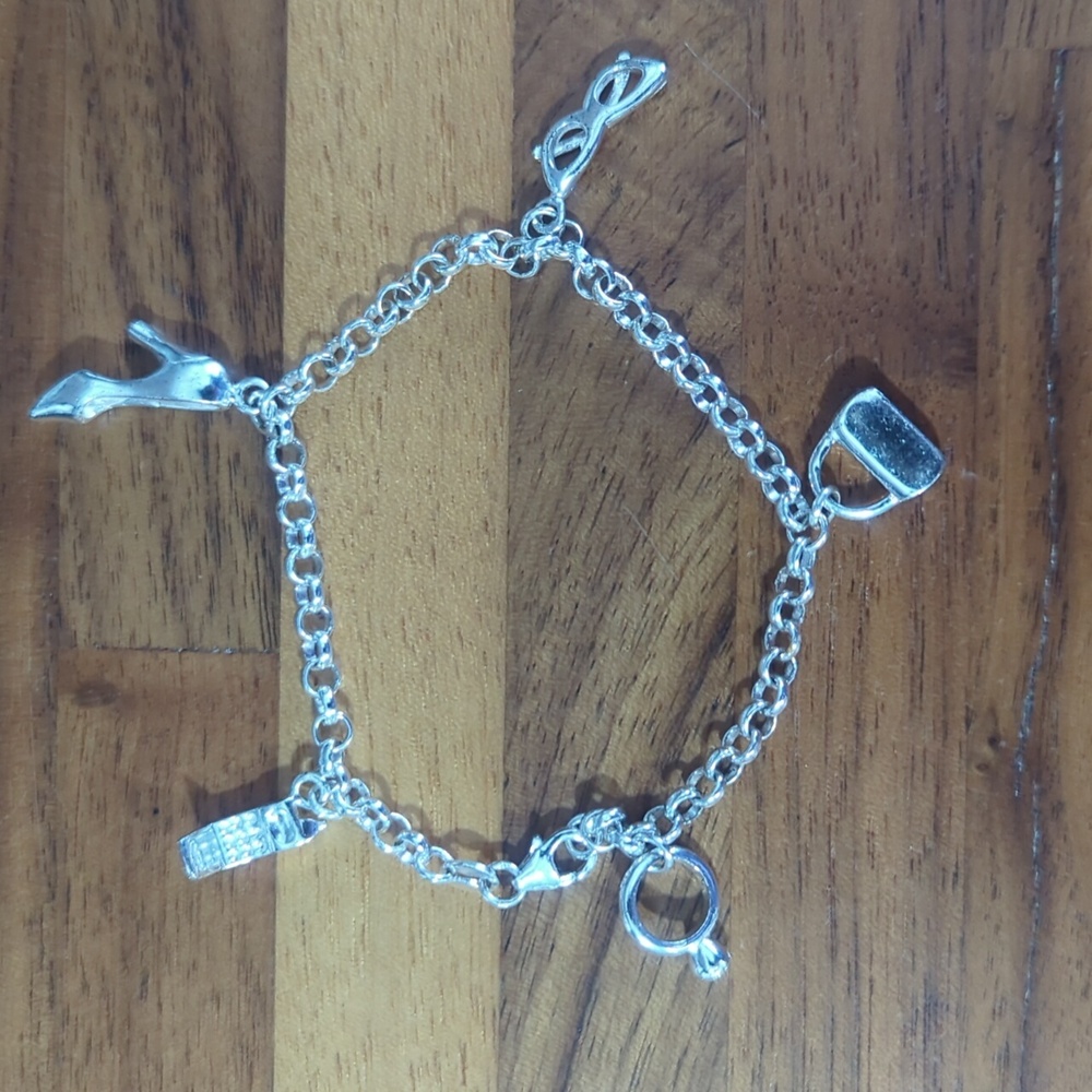 Sterling charm bracelet 925 silver cell phone high heel purse glasses ri…